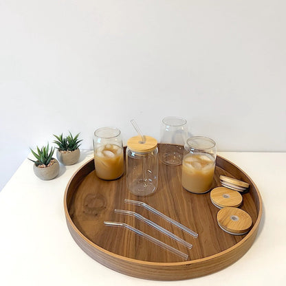 Modern Glass Cups With Bamboo Lids & Straws 4pcs Set
