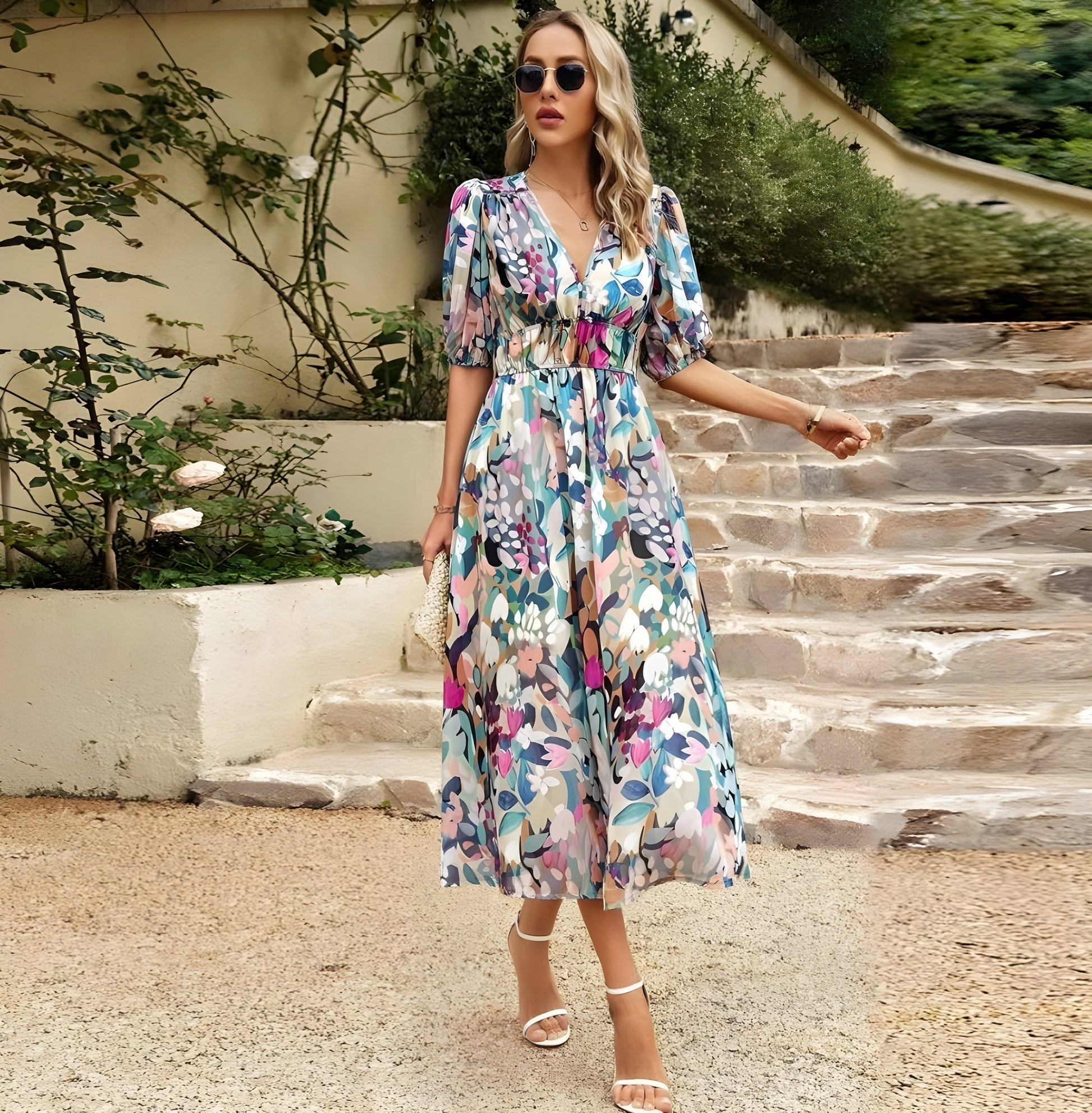 Abstract Floral Print Smocked Waist Puff Sleeve Midi Dress
