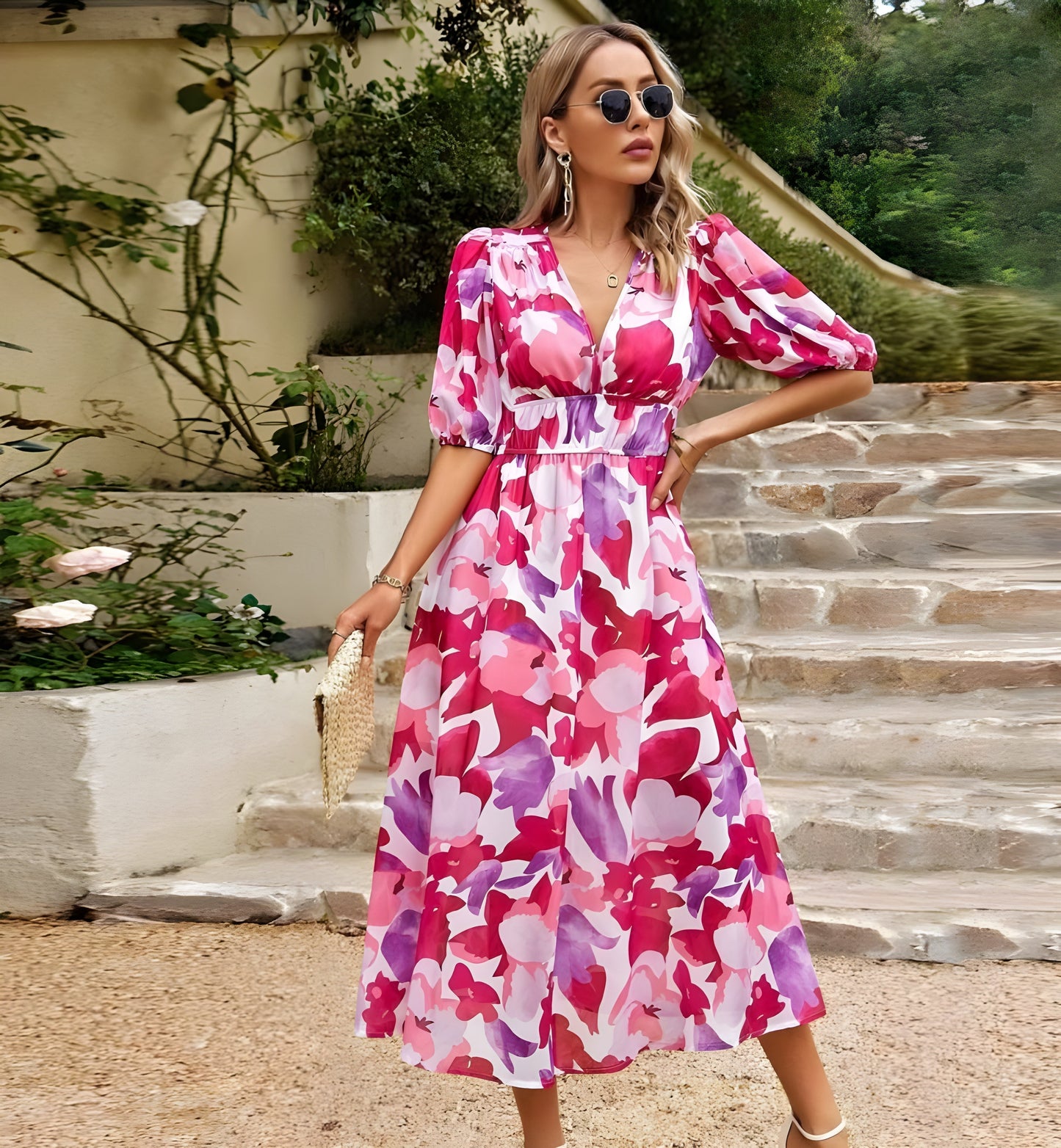 Abstract Floral Print Smocked Waist Puff Sleeve Midi Dress
