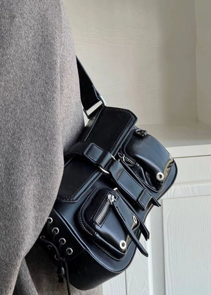 Crimson Utility Buckle Shoulder Bag – Multi-Pocket Street Style