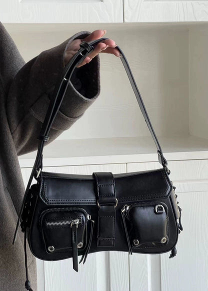 Crimson Utility Buckle Shoulder Bag – Multi-Pocket Street Style