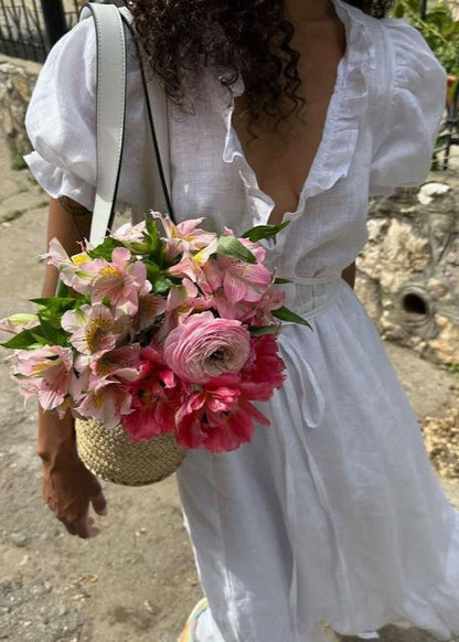 Ivory Grace - Puff Sleeve Linen Midi Dress