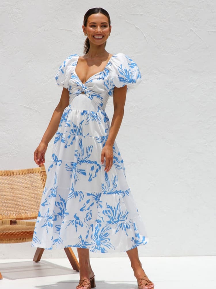 Twist V Neck Cutout Puff Sleeve Tiered Floral Midi Dress