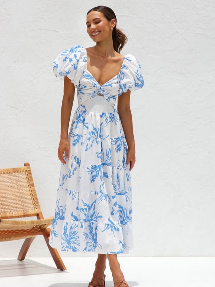 Twist V Neck Cutout Puff Sleeve Tiered Floral Midi Dress