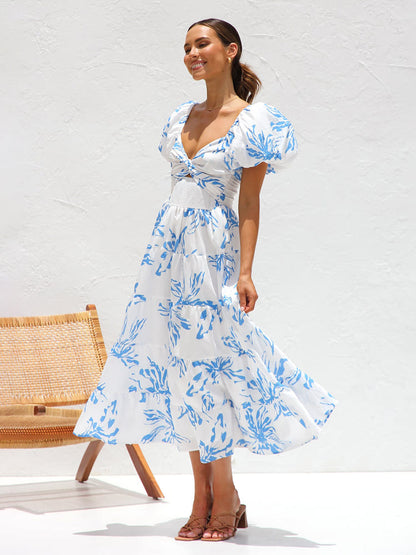 Twist V Neck Cutout Puff Sleeve Tiered Floral Midi Dress