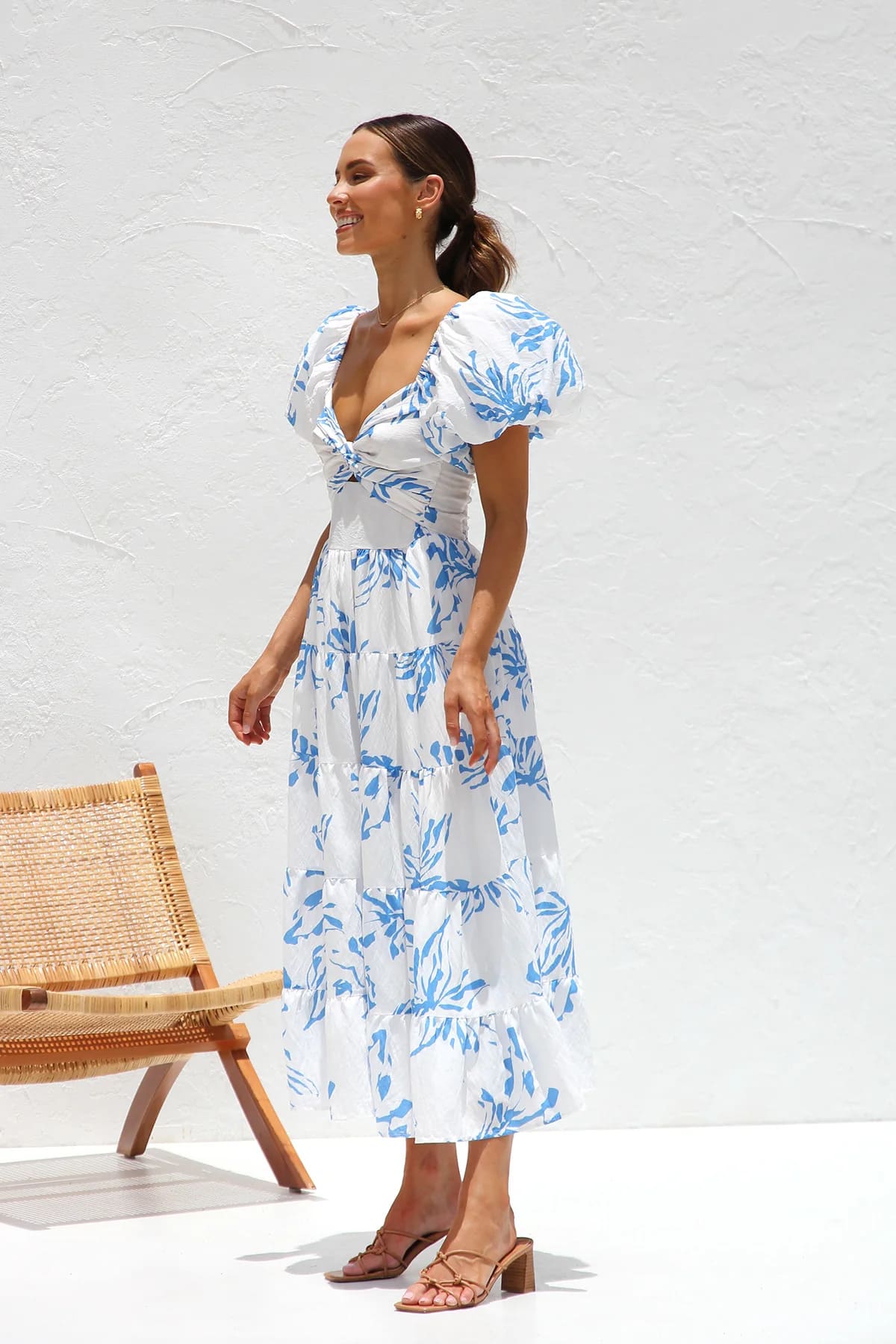 Twist V Neck Cutout Puff Sleeve Tiered Floral Midi Dress