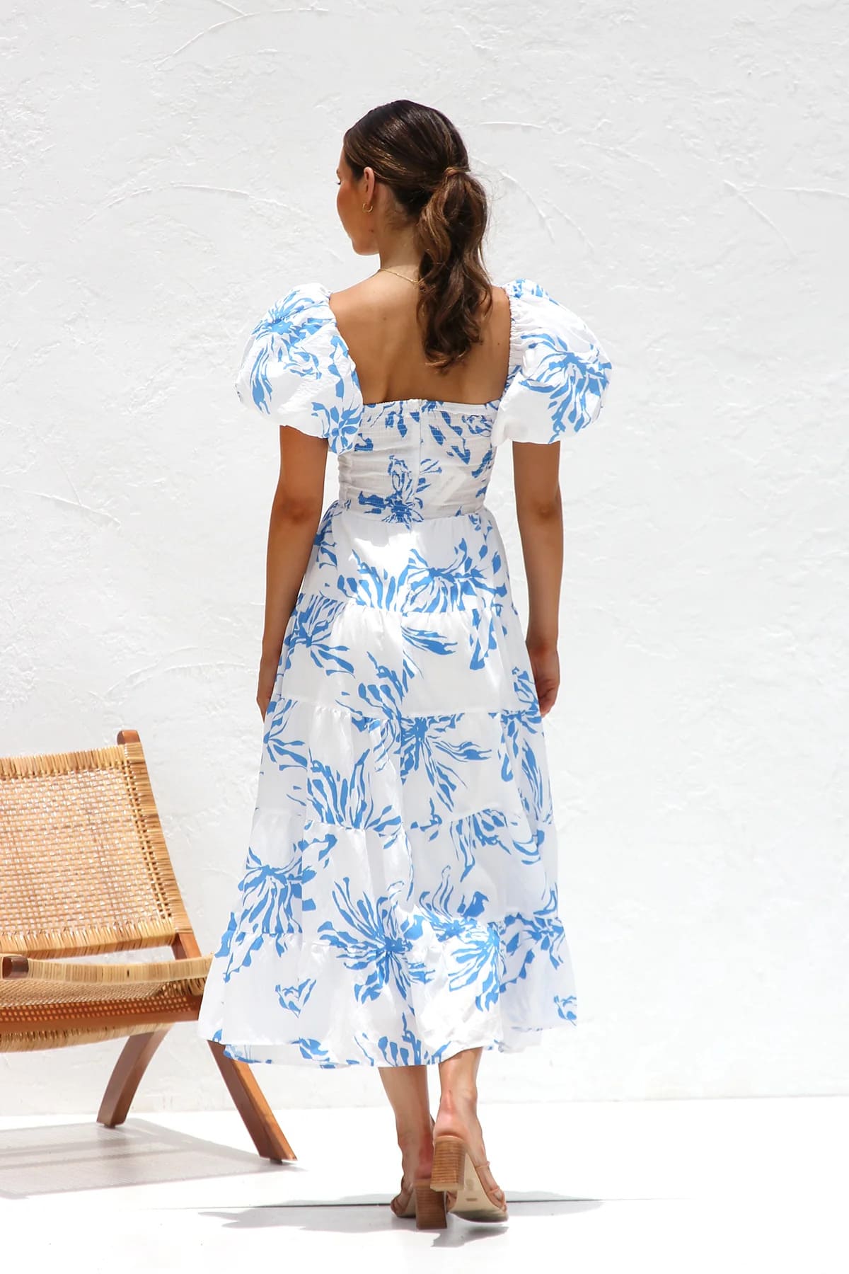 Twist V Neck Cutout Puff Sleeve Tiered Floral Midi Dress