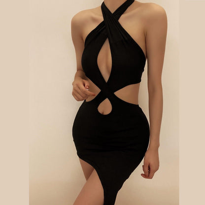 Cross Halter Neck Keyhole Chest Waist Cutout Bodycon Mini Dress