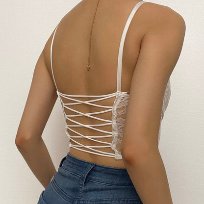 Button-through front lace see-through cami top