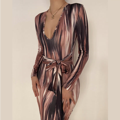 Long sleeve deep v neck knotted print maxi dress
