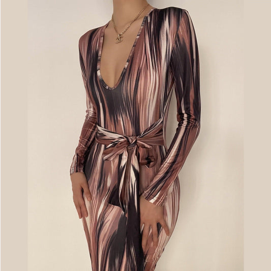 Long sleeve deep v neck knotted print maxi dress