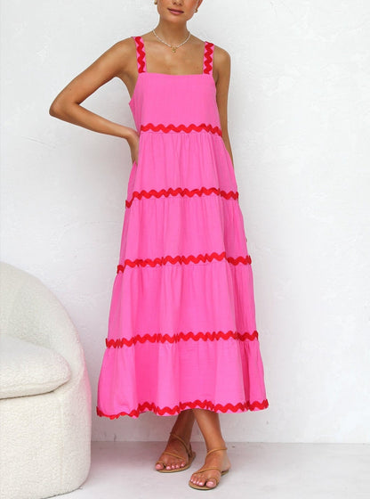 Square Neck Wide Strap Tiered Ric Rac Trim Midi Dress