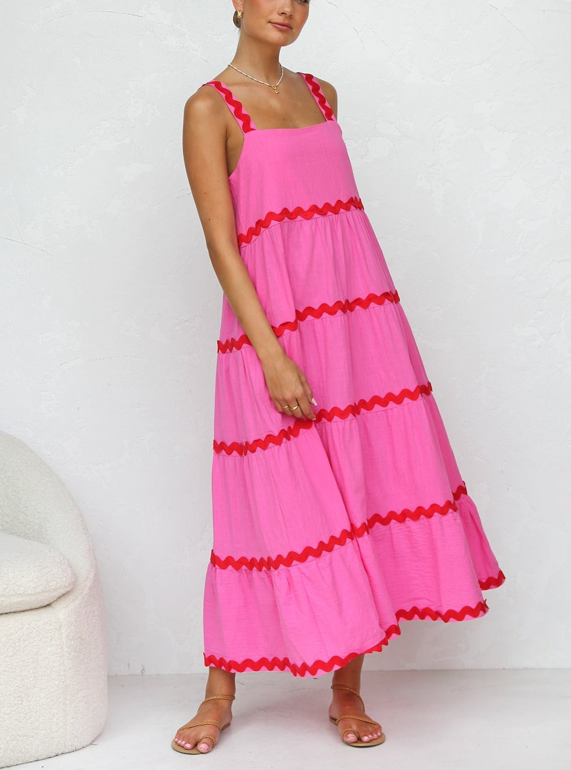 Square Neck Wide Strap Tiered Ric Rac Trim Midi Dress