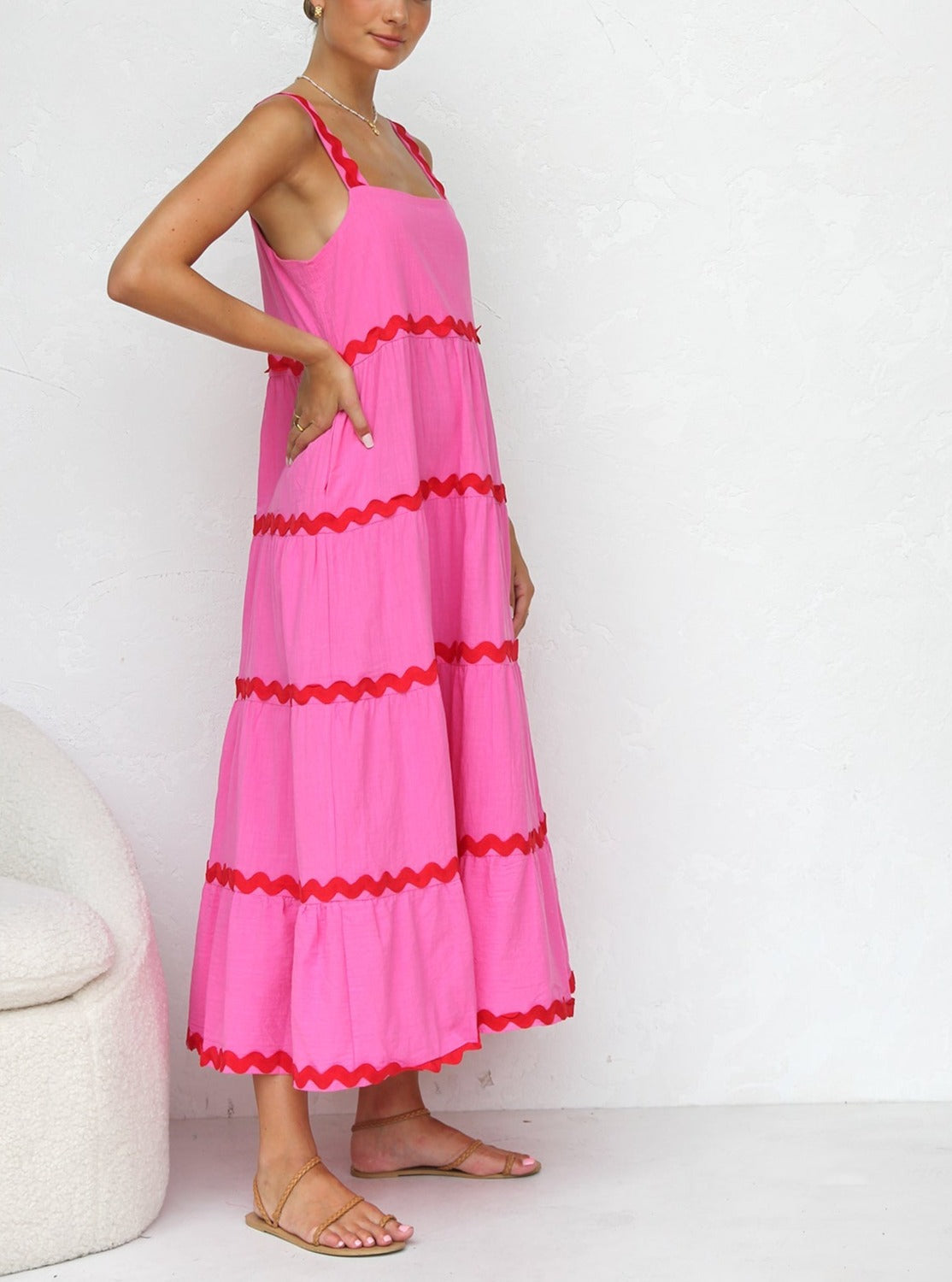 Square Neck Wide Strap Tiered Ric Rac Trim Midi Dress