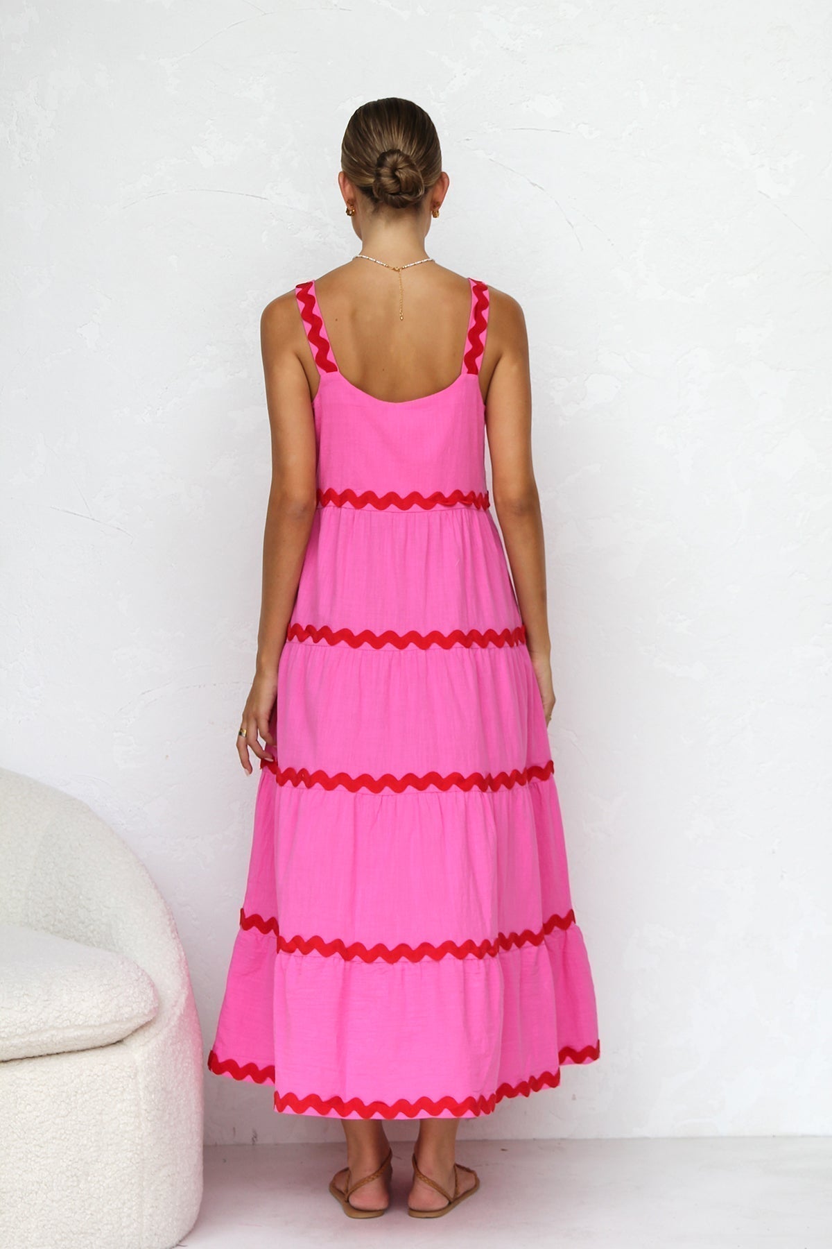 Square Neck Wide Strap Tiered Ric Rac Trim Midi Dress