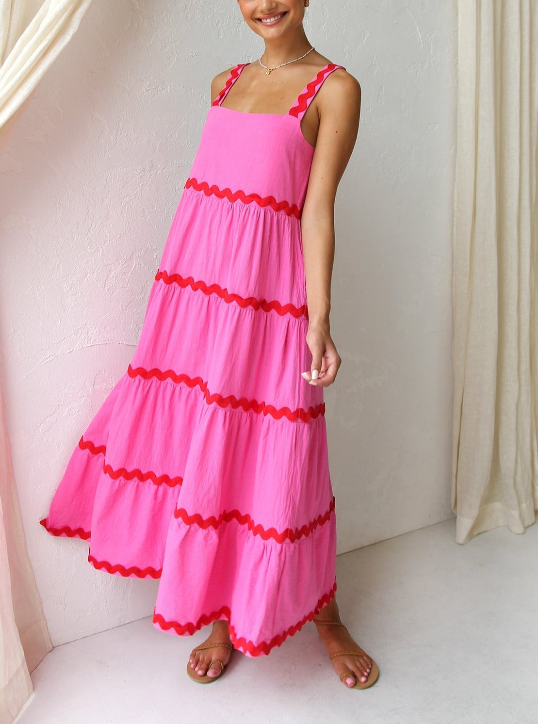 Square Neck Wide Strap Tiered Ric Rac Trim Midi Dress