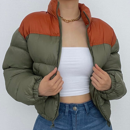 Contrast long sleeve high neck zip-up pocket coat