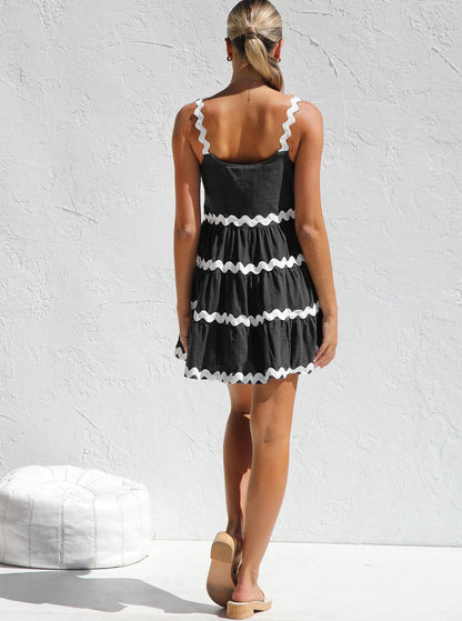 Square Neck Tiered Ric Rac Trim Spaghetti Strap Mini Dress