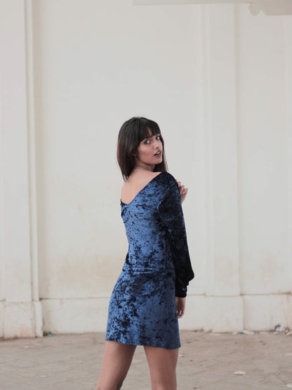 Blue Deep V-Neck Puffed Sleeve Velvet Dress