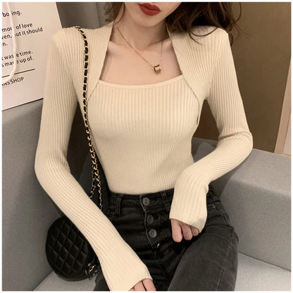 Autumn Winter Square Shawl Neckline Pullover Sexy Knit Top