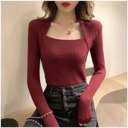 Autumn Winter Square Shawl Neckline Pullover Sexy Knit Top