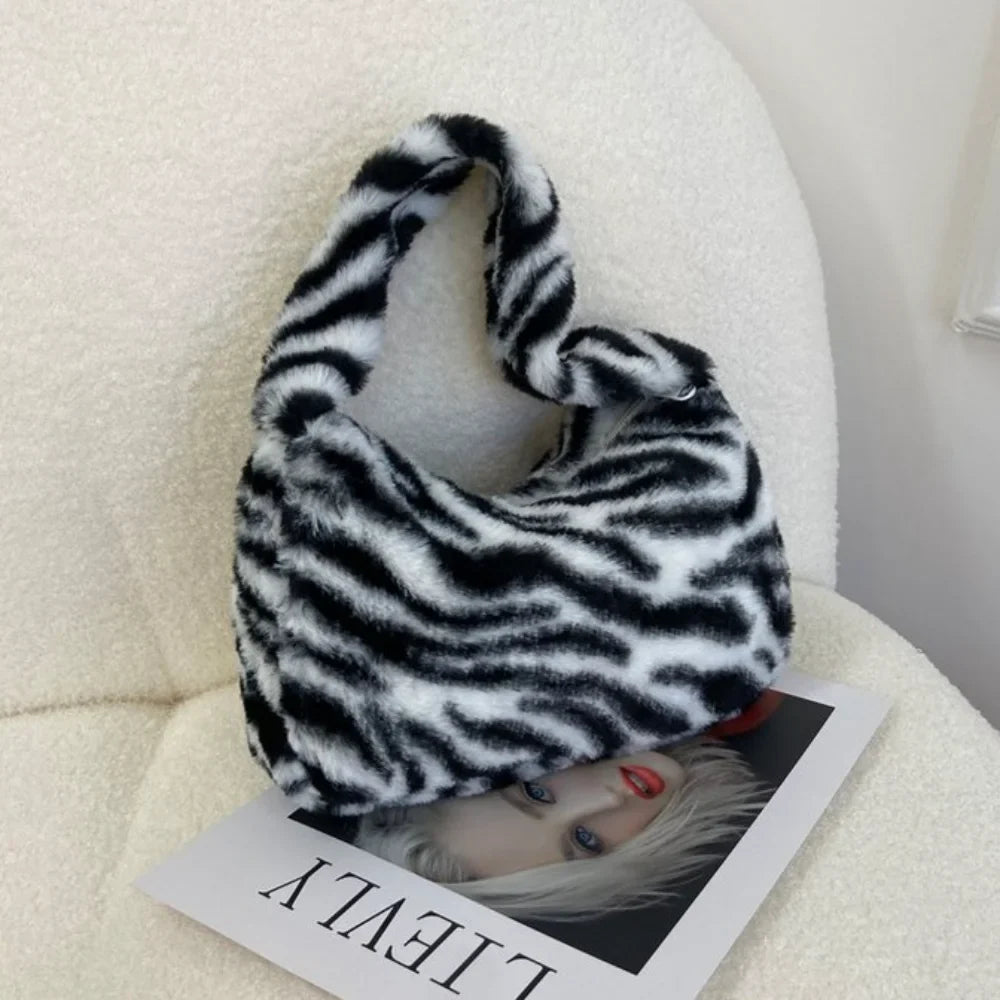 Soft Plush Leopard Pattern Shoulder Tote Handbag