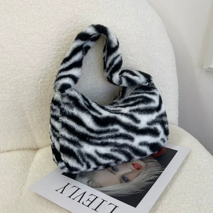 Soft Plush Leopard Pattern Shoulder Tote Handbag