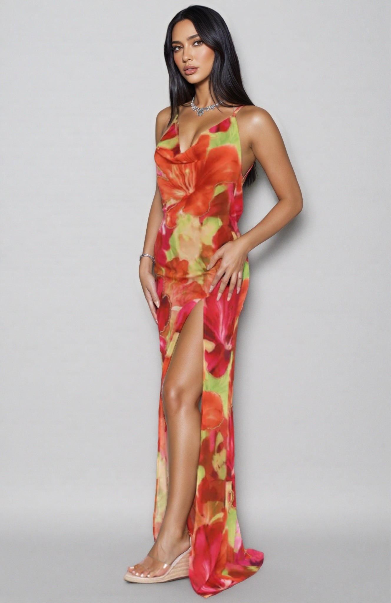 Jessly Printed Strapless High-Slit Maxi Dress