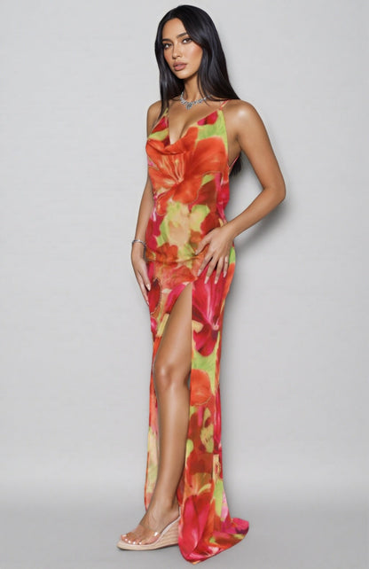 Jessly Printed Strapless High-Slit Maxi Dress