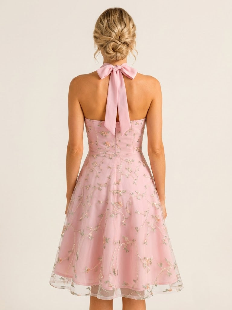 Vintage 1950s Floral Midi Dress For Women - Halter Neck Mesh Embroidery A-Line Sundress - Spring Garden Wedding Guest 2026