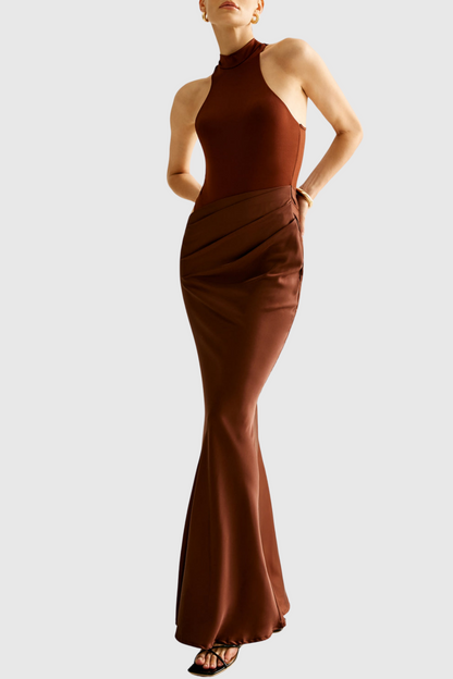 Ilya Asymmetrical Cutout Satin Maxi Dress - Brown