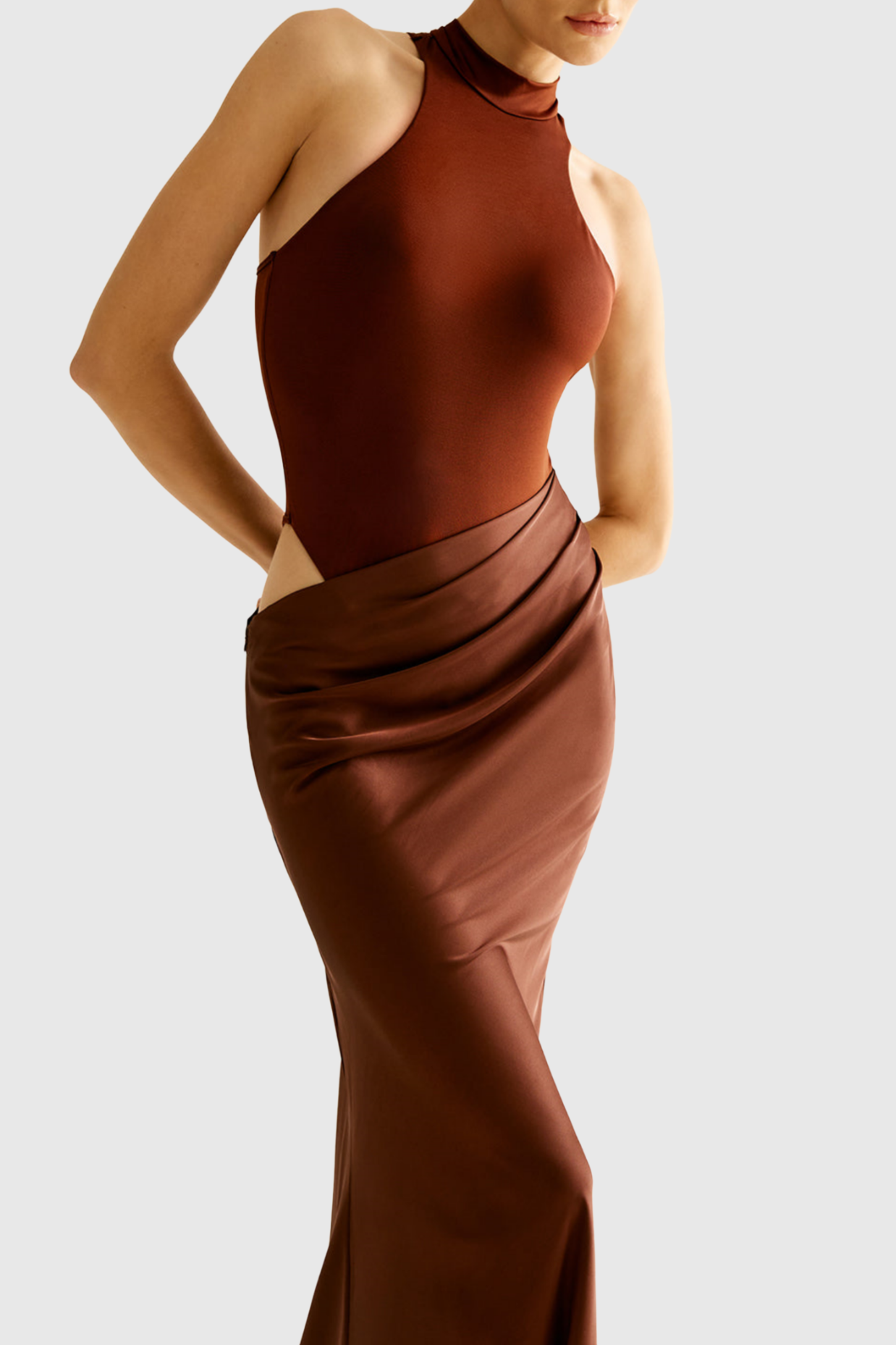 Ilya Asymmetrical Cutout Satin Maxi Dress - Brown