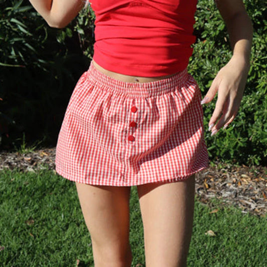 Plaid Button Decro A-Line Skirt