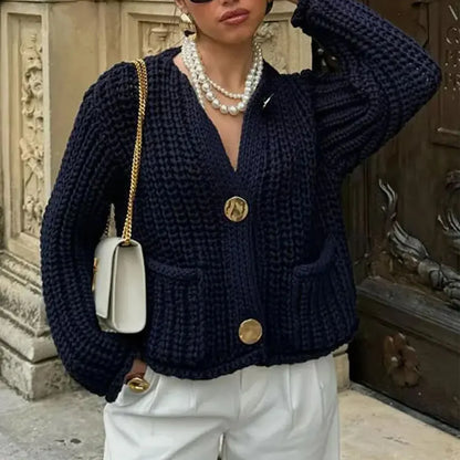 Solid Button-Down V-Neck Casual Knit Cardigan