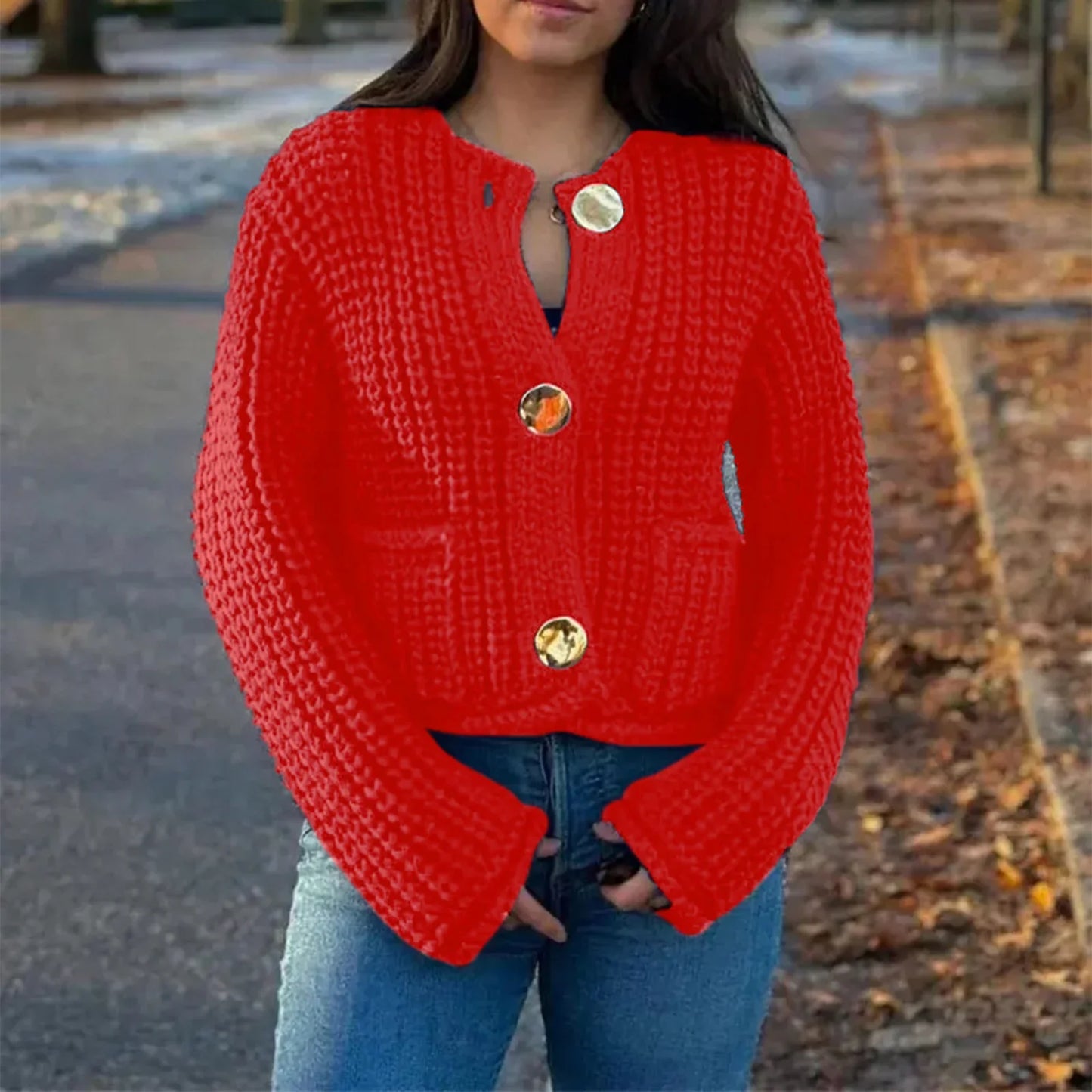 Solid Button-Down V-Neck Casual Knit Cardigan