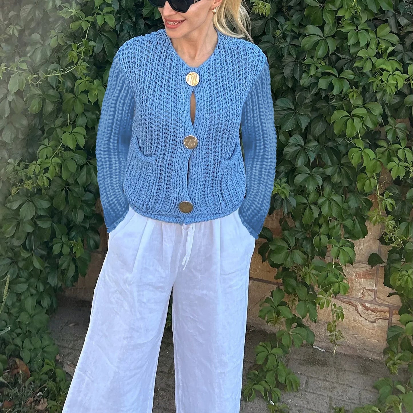 Solid Button-Down V-Neck Casual Knit Cardigan