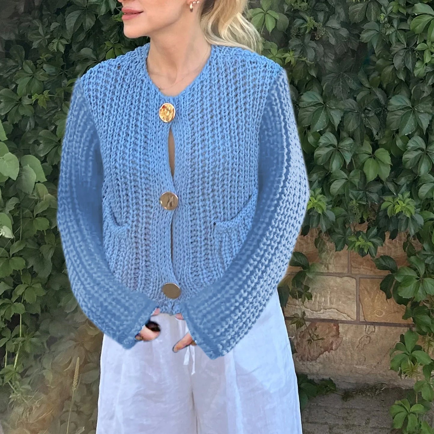 Solid Button-Down V-Neck Casual Knit Cardigan
