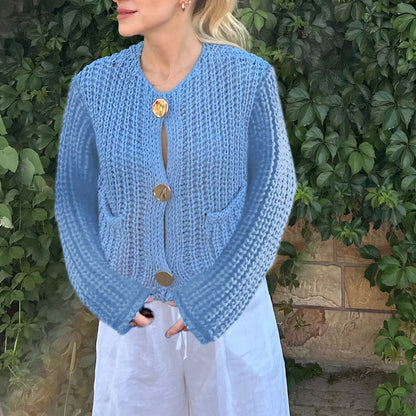 Solid Button-Down V-Neck Casual Knit Cardigan