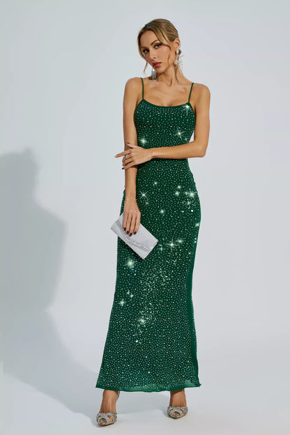 Indie Green Embellished Mesh Maxi Dress