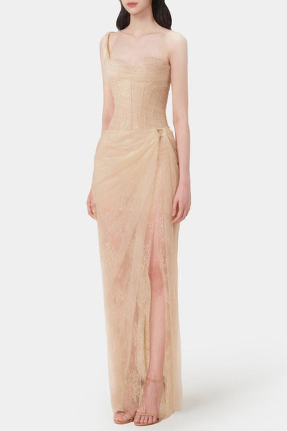 Inina Lace Corset One Shoulder Maxi Dress - Beige