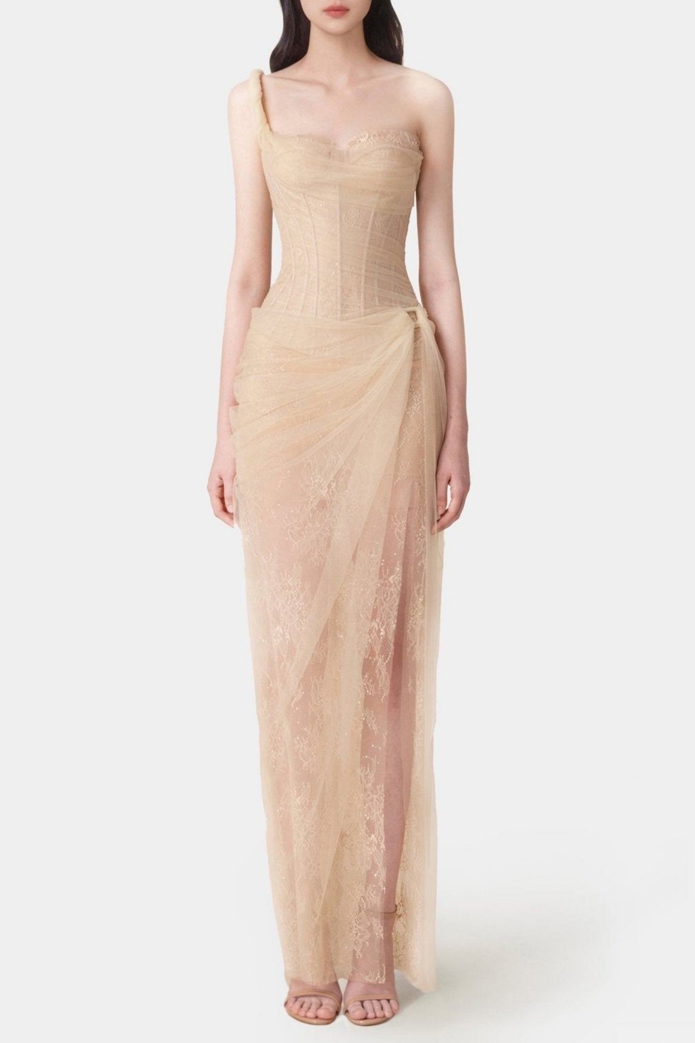 Inina Lace Corset One Shoulder Maxi Dress - Beige