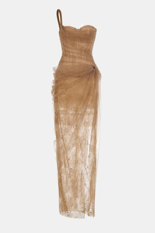 Inina Lace Corset One Shoulder Maxi Dress - Brown