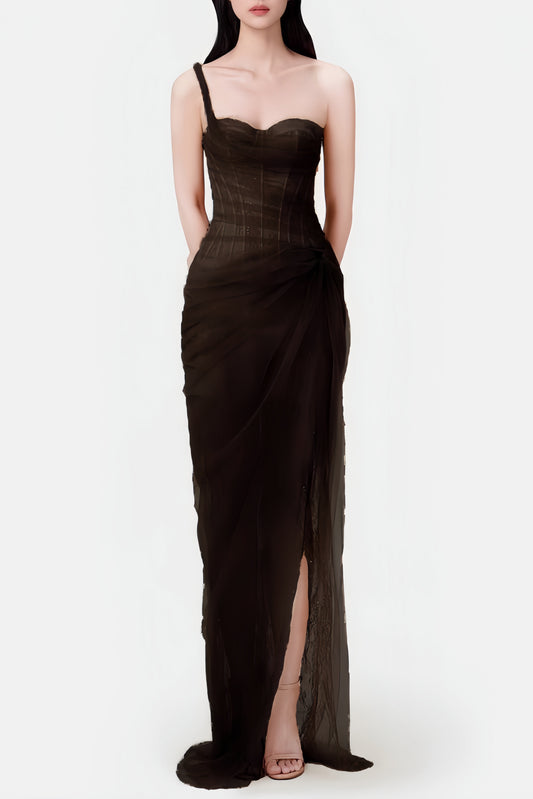 Inina Lace Corset One Shoulder Midi Dress - Black