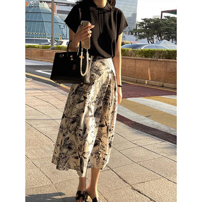 Ink Painting Skirt Women Autumn Winter High Waist Swing Skirt