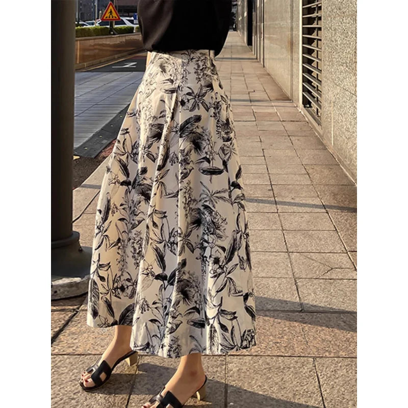 Ink Painting Skirt Women Autumn Winter High Waist Swing Skirt