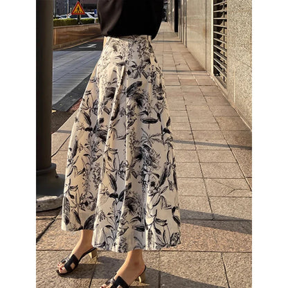 Ink Painting Skirt Women Autumn Winter High Waist Swing Skirt