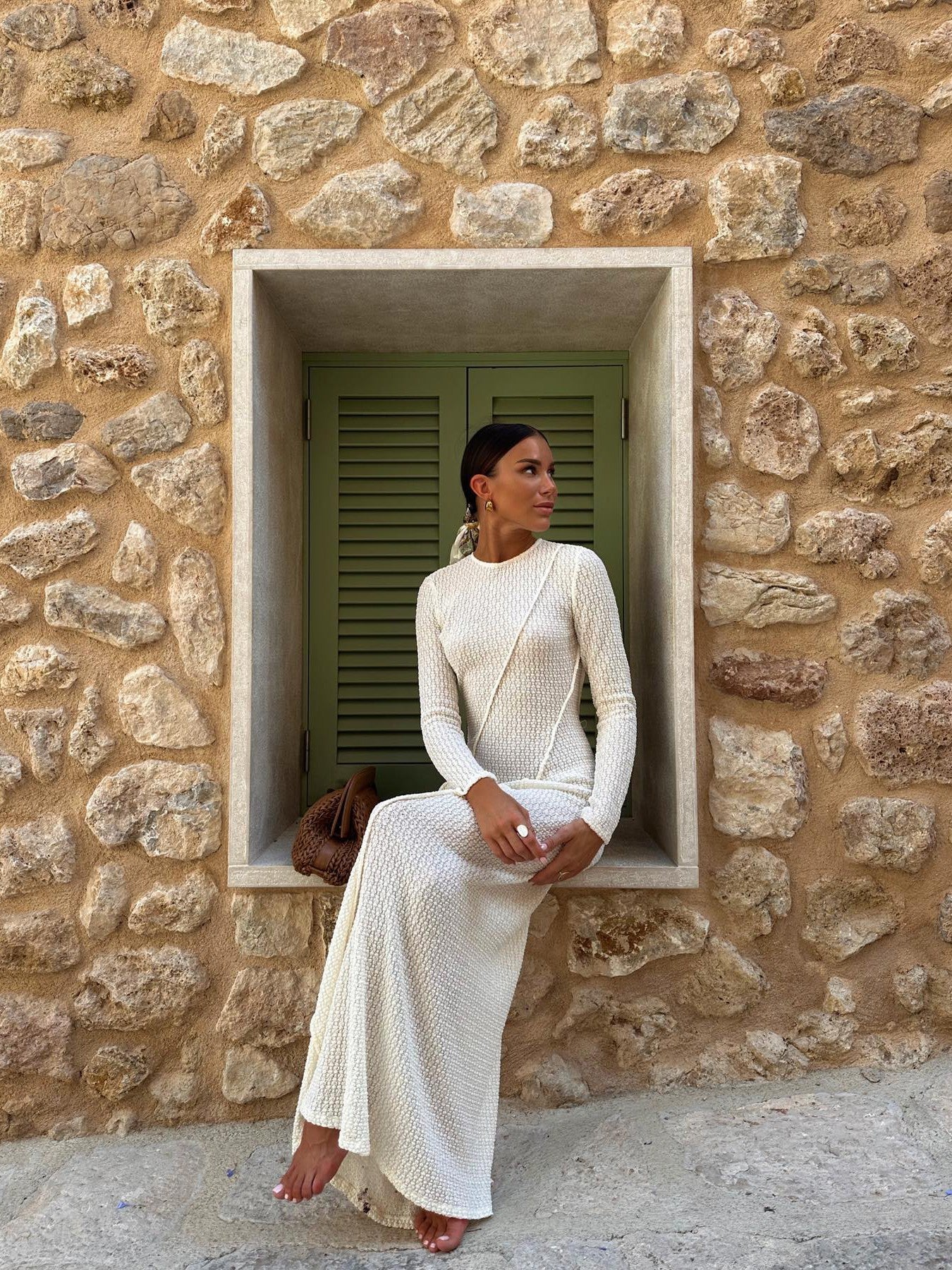 Off White Knitted Backless Maxi Dress