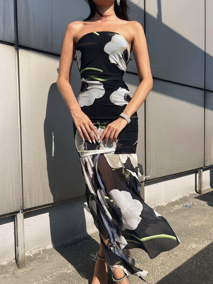 Tie Dye / Floral Print Tube Frill Dress