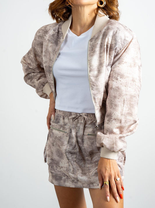 Brown Tie Dye Print Bomber Jacket & Skirt Coord Set