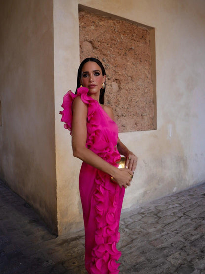 One Shoulder Ruffles Pink Dress